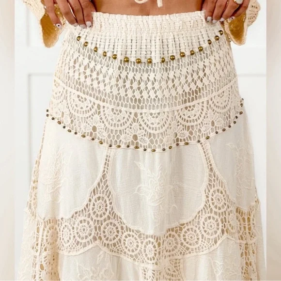 ONE LEFT POL Cream Crochet Knit Metallic Beaded Elastic Waist Maxi Skirt - Picture 4 of 7